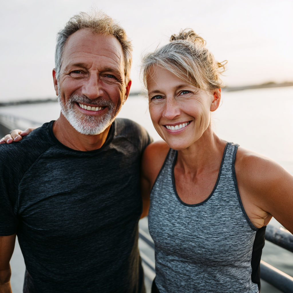 Усміхнена європейська пара середнього віку займається фізичними вправами на свіжому повітрі, демонструючи активний спосіб життя та здоров'я суглобів