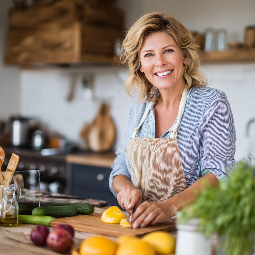 Усміхнена європейська жінка 40-50 років готує здорову їжу на кухні, демонструючи важливість правильного харчування для здоров'я суглобів
