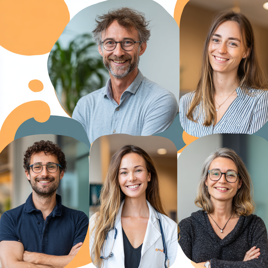 Команда glostrine - група усміхнених європейських фахівців у галузі здоров'я віком 30-50 років в офісному середовищі