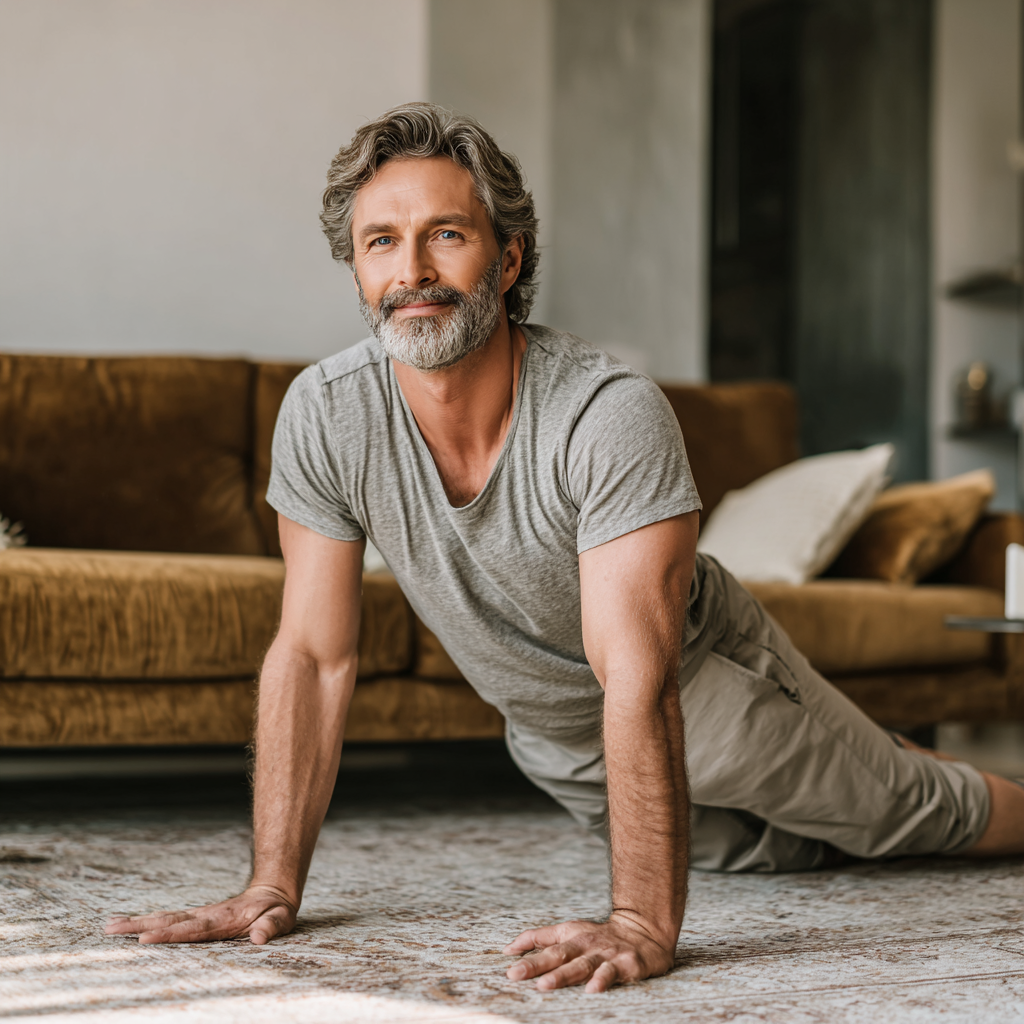Усміхнений європейський чоловік середнього віку виконує реабілітаційні вправи в сучасному фітнес-центрі, демонструючи цілісний підхід до відновлення здоров'я суглобів